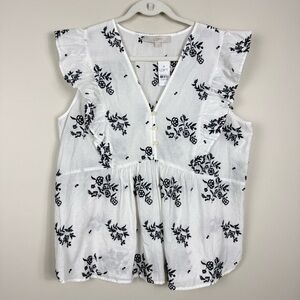 Loft Top Womens Large Embroidered Ruffle Floral Peplum Spring Cotton Coastal